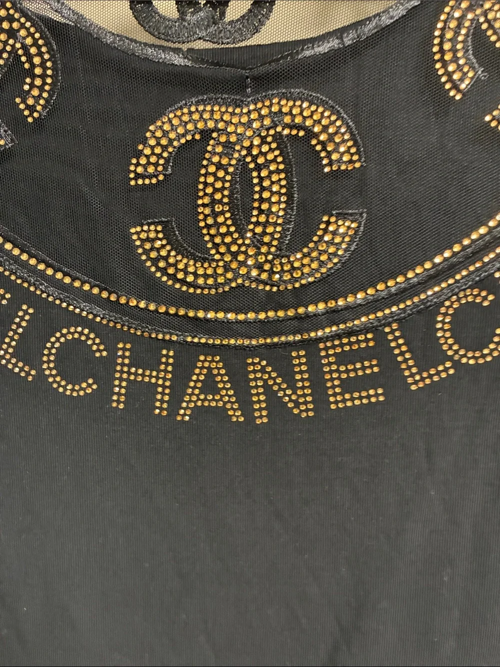 CHANEL Black Short Sleeve Logo Tee with Gold Stud Detailing